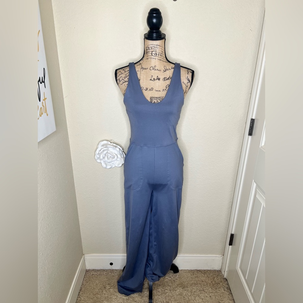NTM: Zella Wide Leg Jumpsuit Blue Gray Athleisure Scoop Neck Yoga Lounge Medium